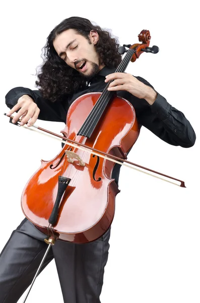 Человек играет на виолончели на белом — стоковое фото