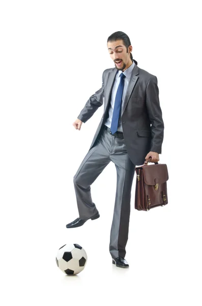 Fußballkonzept mit Geschäftsmann auf Weiß — Stockfoto