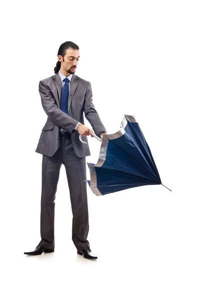 Businessman with umbrella on white — Stock Photo, Image