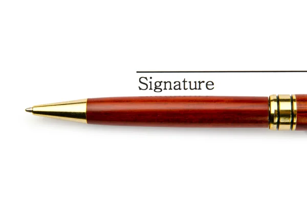 笔和孤立在白纸上的签名 — 图库照片