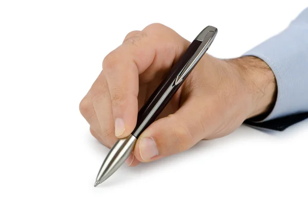 Hand with pen writing on white — Stock Photo, Image