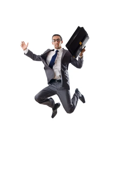 Прыгающий бизнесмен изолирован на белом — стоковое фото