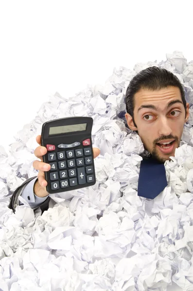 Man with lots of crumpled paper — Stock Photo, Image