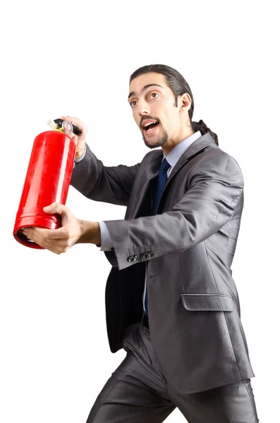 Muž s hasicí přístroj v hasičské koncepce — Stock fotografie