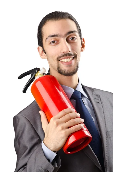 Muž s hasicí přístroj v hasičské koncepce — Stock fotografie