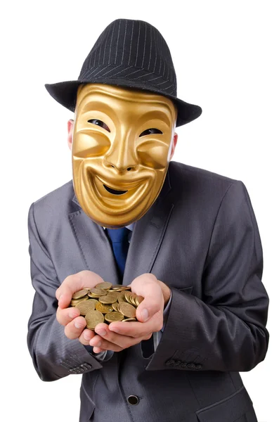 Masked man with coins on white — Stock Photo, Image