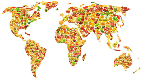 Mapa světa z mnoha ovoce a zeleniny — Stock fotografie