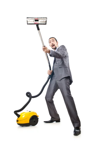 Vacuum cleaning by businessman on white — Stock Photo, Image