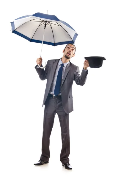Podnikatel s deštníkem na bílém pozadí — Stock fotografie