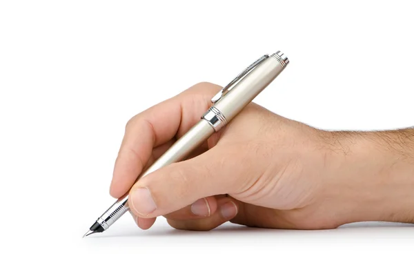 Mão com caneta escrita em branco — Fotografia de Stock