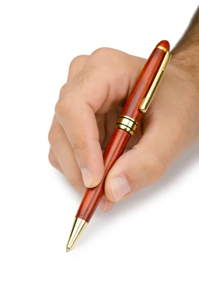 Ręka z pióra pisanie na biały — Zdjęcie stockowe