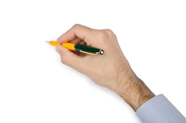 Hand met pen schrijven op wit — Stockfoto