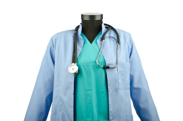 医疗的外套和白色上孤立的听诊器 — 图库照片