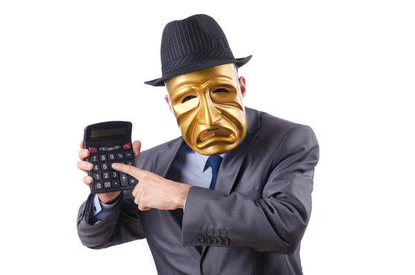 Masked man with calculator on white — Stock Photo, Image