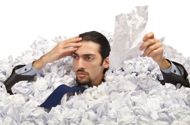 Man with lots of crumpled paper clipart