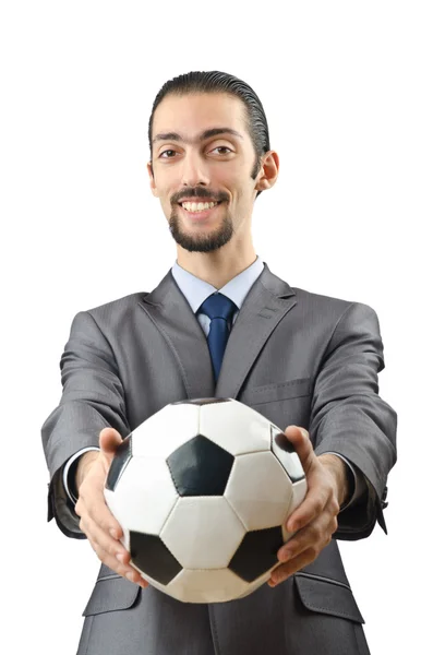 Businessman holding football on white — Stock Photo, Image