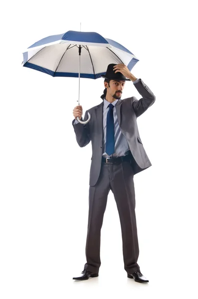 Geschäftsmann mit Regenschirm auf weißem Grund — Stockfoto