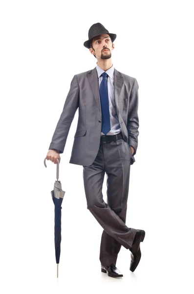 Businessman with umbrella on white — Stock Photo, Image