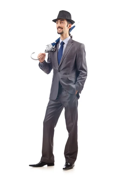 Бізнесмен з парасолькою на білому — стокове фото