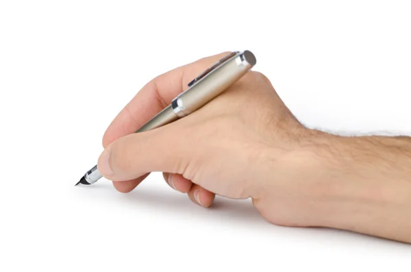 Mano con bolígrafo escrito en blanco — Foto de Stock