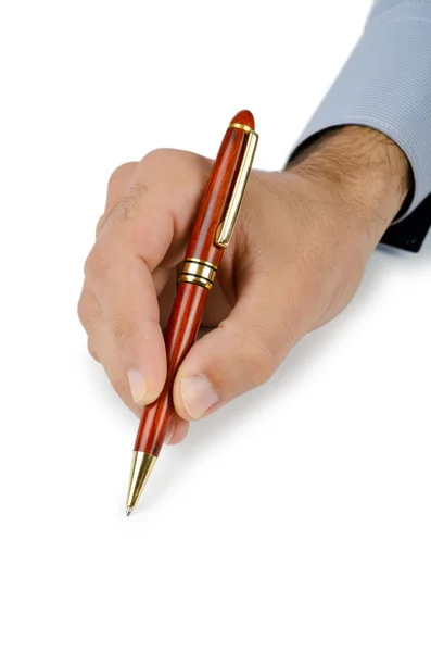Hand with pen writing on white — Stock Photo, Image