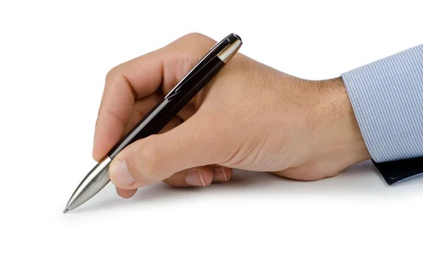 Hand met pen schrijven op wit — Stockfoto