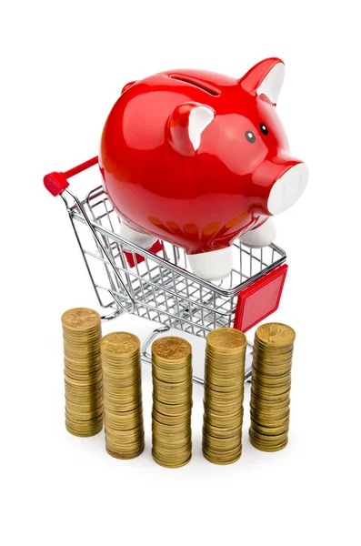 Piggy bank en winkelwagentje op wit — Stockfoto