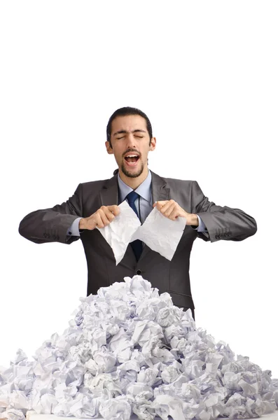 Man met veel afval papier — Stockfoto