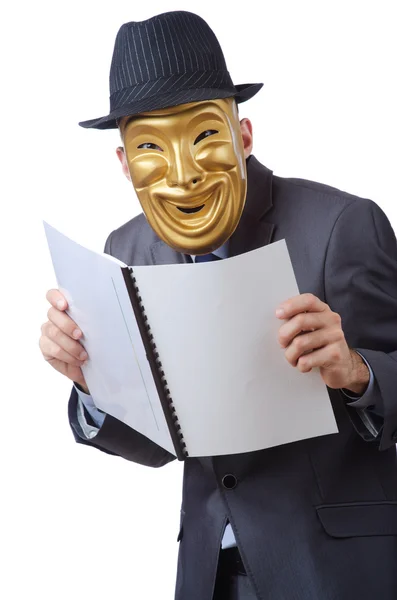 Концепция шпионажа с человеком в маске на белом — стоковое фото