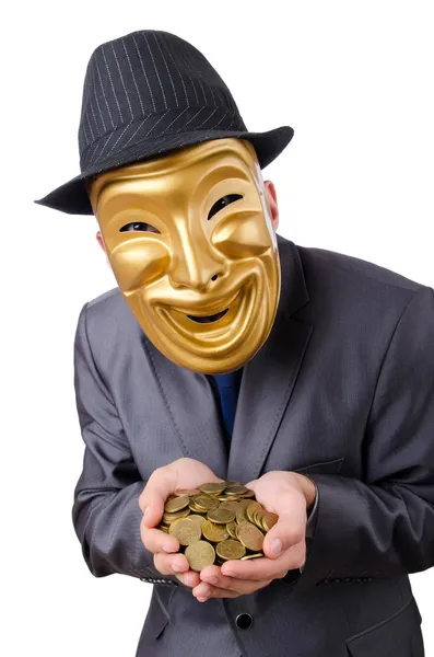 Masked man with coins on white — Stock Photo, Image