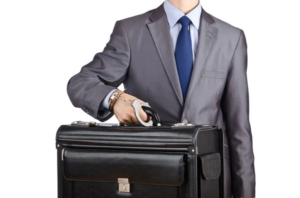 Uomo con valigetta e manette — Foto Stock