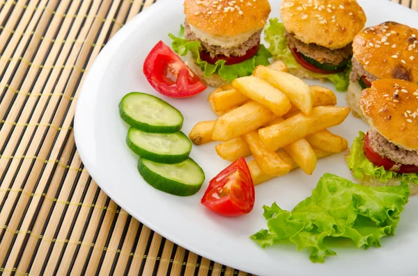 French fries and burgers in the plate — Stock Photo, Image