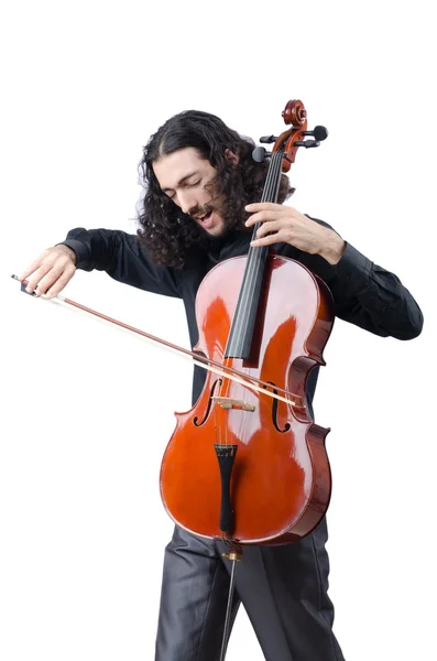 Человек играет на виолончели на белом — стоковое фото
