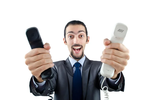 Adam beyaz izole telefon ile — Stok fotoğraf