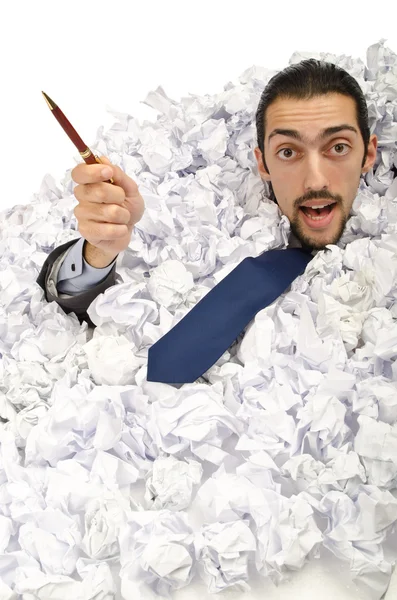 Άνθρωπος με πολλές τσαλακωμένο χαρτί — Φωτογραφία Αρχείου