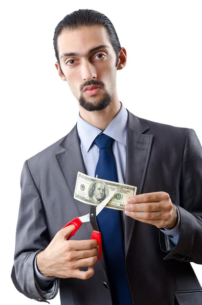 Man snijden geld op wit — Stockfoto