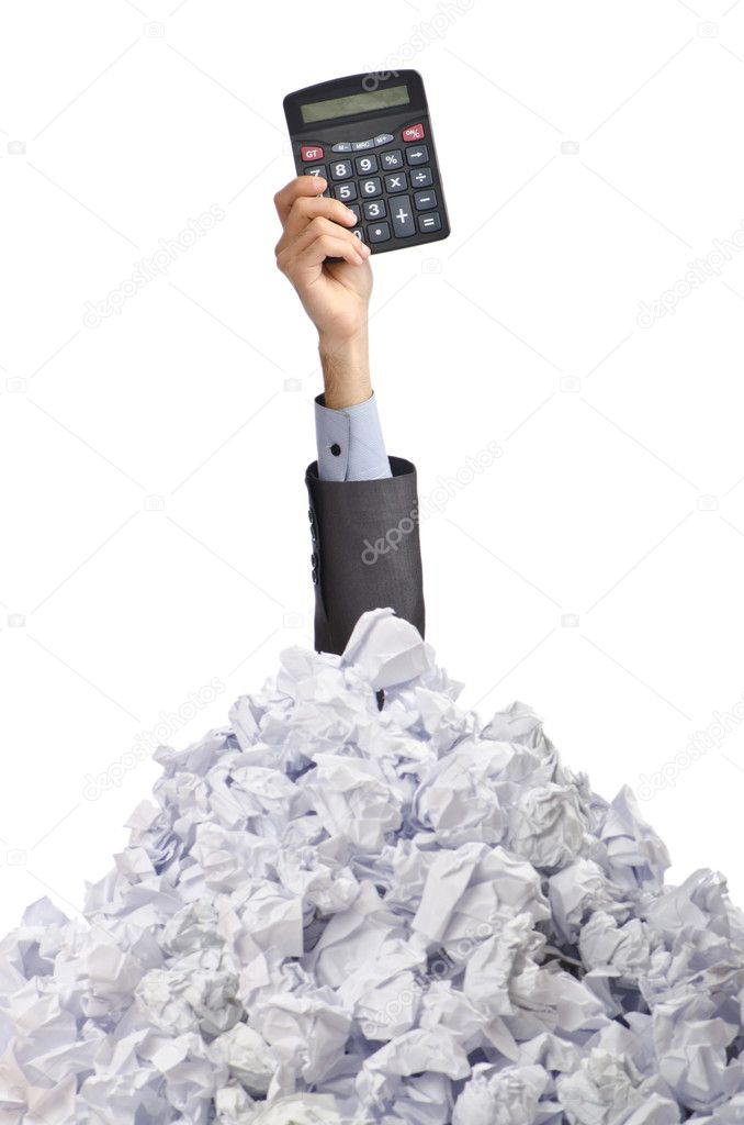 Man with lots of crumpled paper