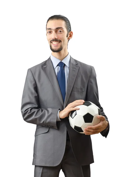 Empresário segurando futebol em branco — Fotografia de Stock