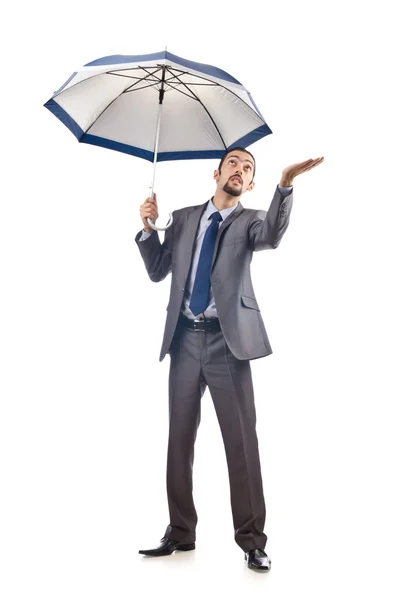Podnikatel s deštníkem na bílém pozadí — Stock fotografie