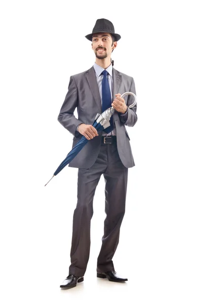 Affärsman med paraply på vit — Stockfoto