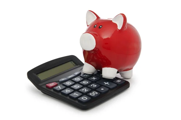 Kalkulator i piggy bank biały — Zdjęcie stockowe