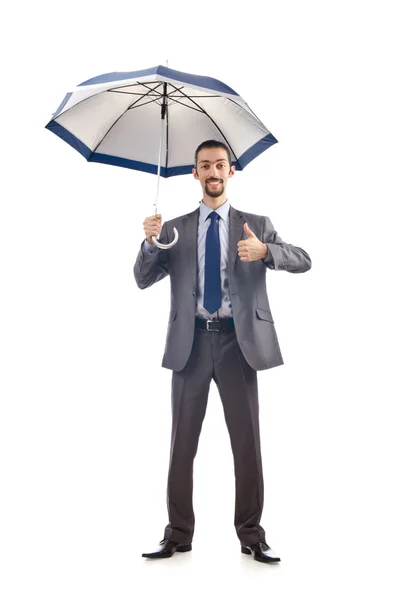 Homme d'affaires avec parapluie sur blanc — Photo