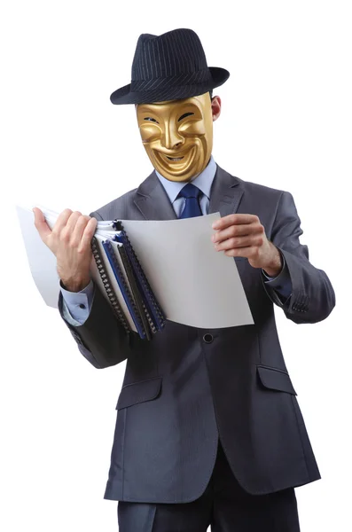 Špionáž koncept s maskovaným mužem na bílém pozadí — Stock fotografie