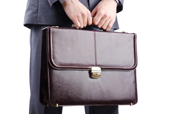 Бизнесмен с портфелем на белом — стоковое фото