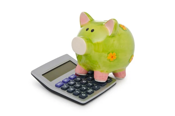 Kalkulator i piggy bank biały — Zdjęcie stockowe
