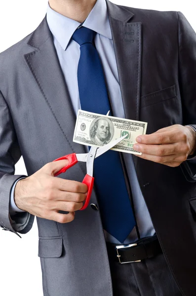 Hombre cortando dinero en blanco —  Fotos de Stock