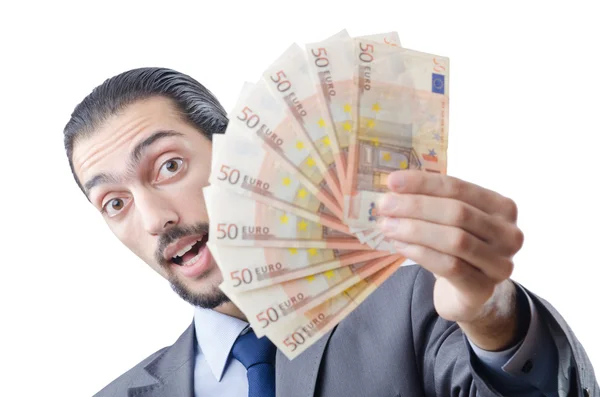 Young businessman with euro on white — Stock Photo, Image