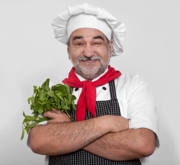 Atractivo chef con menta fresca —  Fotos de Stock