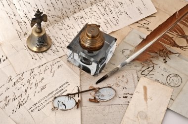 Ancient letters and old inkbottle clipart