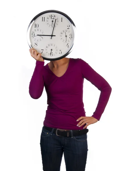 Femme tenant grande horloge Images De Stock Libres De Droits